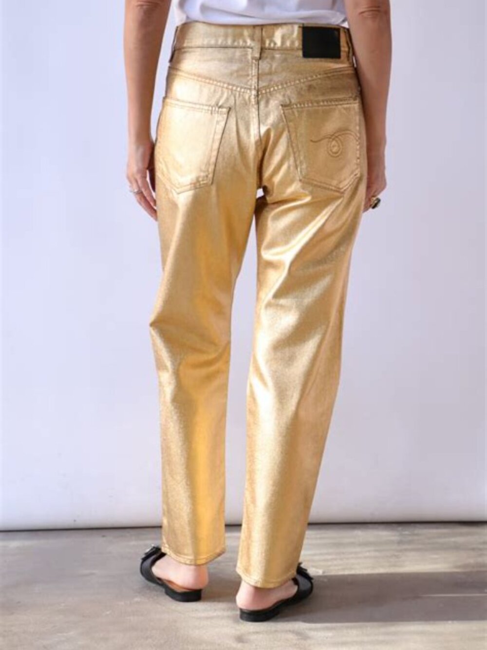 R13 distressed metallic gold boyfriend jeans
